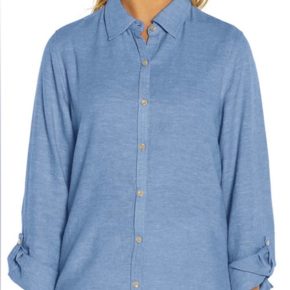 Orvis ladies long sleeve linen blend top Blue - Picture 1 of 12
